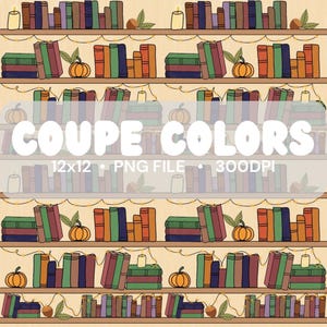 Cozy Fall Bookshelf Seamless Pattern | Bookish PNG, Autumn Seamless Sublimation, Fall Design, Pumpkin Book Lover Clipart, 12x12