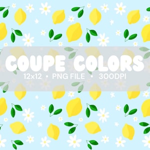 Könnte beinhalten: Ein nahtloses Muster mit gelben Zitronen, grünen Blättern und weißen Gänseblümchen auf hellblauem Hintergrund. Der Text "COUPE COLORS 12x12 - PNG FILE - 300DPI" ist in Weiß auf einem grauen Rechteck dargestellt.