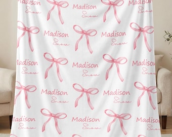 Personalized Pink Bow Blanket Custom Name Girl | Coquette Fleece Throw Birthday Baby Shower Gift Newborn Nursery Decor Keepsake Swaddle Soft