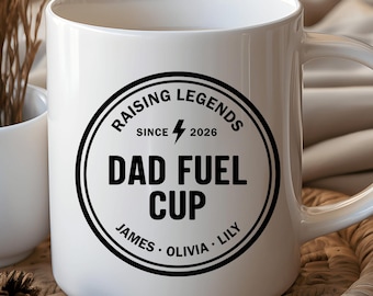 Personalized Dad Fuel Mug Custom Kids Names | Raising Legends Fathers Day Gift | New Dad Coffee Cup Since 2026 Badge Style Funny Papa Gifts