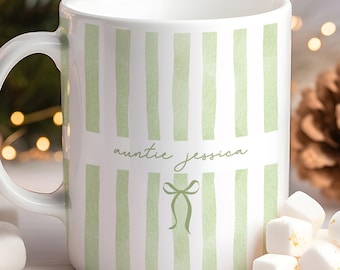 Personalized Auntie Mug Custom Name Gift Aunt | Mothers Day Ceramic Cup Coquette Bow Watercolor Blue Yellow Pink Green Birthday Aunt Gift