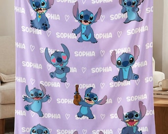 Personalized Stitch Blanket Custom Name | Lilo and Stitch Gift for Girls Boys | Disney Stitch Throw Blanket | Cozy Soft Fleece Birthday Gift