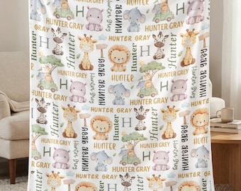 Personalized Safari Baby Blanket Custom Name | Jungle Animals Fleece Newborn Gift Giraffe Elephant Lion Zebra Baby Shower Gift Boy Girl Soft
