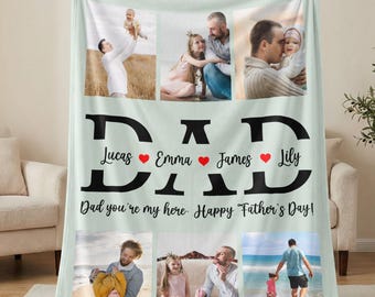 Custom Photo Collage Blanket Dad Gift From Kids | Personalized Fathers Day Blanket With Children Names | Birthday Sherpa Fleece Throw Gift