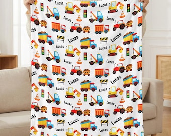 Custom Construction Blanket Toddler Boy | Personalized Name Dump Truck Excavator Fleece | Birthday Baby Shower Gift for Kids Boys Nursery