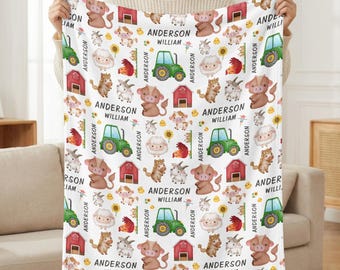 Personalized Farm Animal Baby Blanket Custom Name | Barnyard Fleece Newborn Gift | Pig Cow Sheep Nursery Shower Keepsake Soft Cozy Infant
