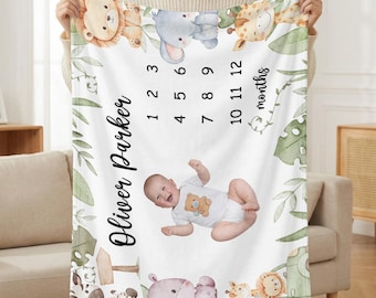 Personalized Safari Baby Milestone Blanket Custom Name Jungle Animals Newborn Gift | Lion Giraffe Elephant Monthly Photo Tracker Shower Boys