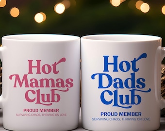 Hot Mamas Club Mug, Hot Dads Club Mug| Mothers Fathers Day Gift Mom Dad Ceramic Mugs | Funny New Parent Coffee Cup Gift for Couples