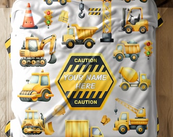 Personalized Construction Blanket Boys | Custom Name Dump Truck Excavator Toddler Birthday Baby Shower Gift Boy Nursery Decor Blue Soft Cozy