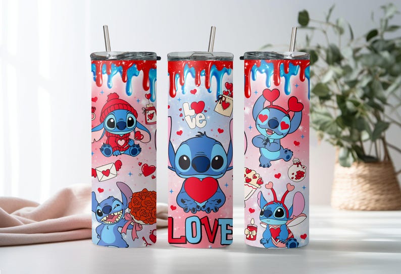 Lover Stitch Tumbler, Disney Valentines Day Tumbler, Skinny Tumbler Cup with Straw & Lid, Cupid Stitch Tumbler, Valentines Day Gift Tumbler image 2