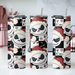 Santa Jack Skinny Tumbler, Jack Skellington Tumbler, Stainless Steel Skinny Tumbler Cup with Straw & Lid, 20oz Christmas Sublimated Tumbler image 1