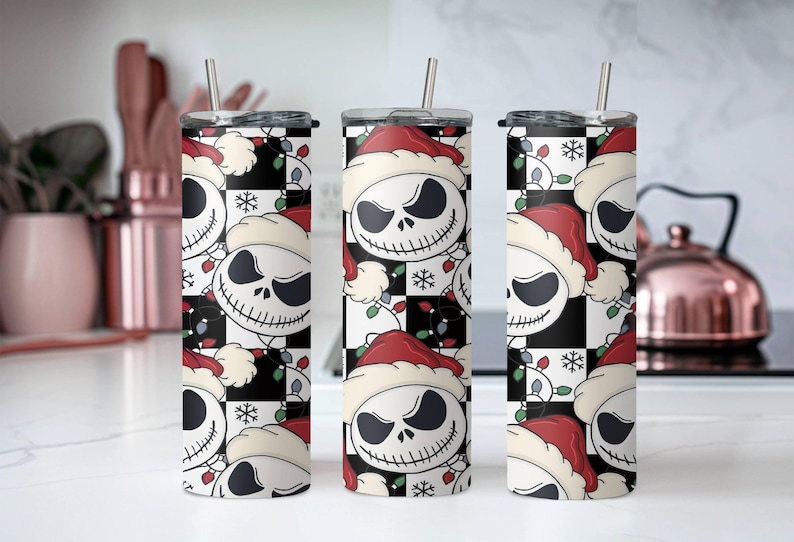 Santa Jack Skinny Tumbler, Jack Skellington Tumbler, Stainless Steel Skinny Tumbler Cup with Straw & Lid, 20oz Christmas Sublimated Tumbler image 1