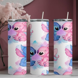 Vaso de Stitch y Ángel, vaso de Stitch de Disney, vaso estrecho con pajita y tapa, vaso de acero de 20 oz, regalo de Navidad, regalo para los amantes de Stitch imagen 1