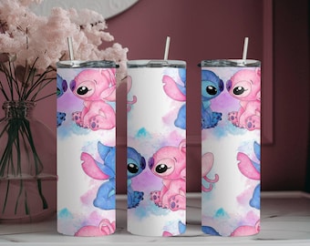 Stitch and Angel Tumbler, Disney Stitch Tumbler, Skinny Tumbler Cup with Straw & Lid, 20oz Steel Tumbler, Christmas Gift, Stitch Lovers Gift