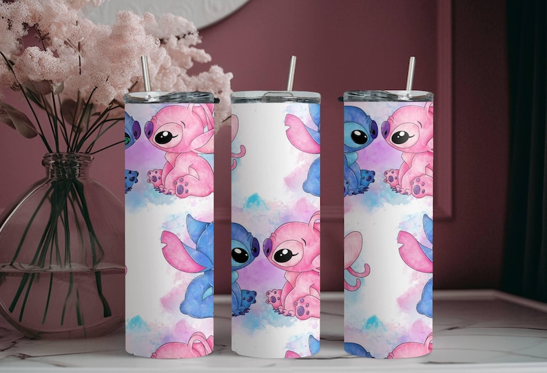 Vaso de Stitch y Ángel, vaso de Stitch de Disney, vaso estrecho con pajita y tapa, vaso de acero de 20 oz, regalo de Navidad, regalo para los amantes de Stitch imagen 1