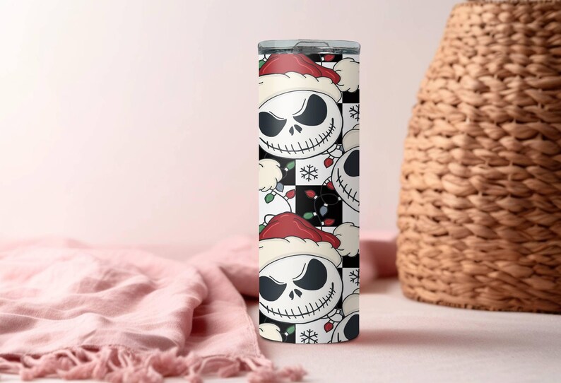 Santa Jack Skinny Tumbler, Jack Skellington Tumbler, Stainless Steel Skinny Tumbler Cup with Straw & Lid, 20oz Christmas Sublimated Tumbler image 8