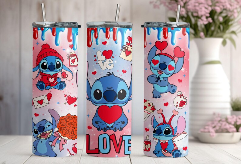 Lover Stitch Tumbler, Disney Valentines Day Tumbler, Skinny Tumbler Cup with Straw & Lid, Cupid Stitch Tumbler, Valentines Day Gift Tumbler image 4