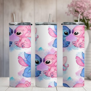 Vaso de Stitch y Ángel, vaso de Stitch de Disney, vaso estrecho con pajita y tapa, vaso de acero de 20 oz, regalo de Navidad, regalo para los amantes de Stitch imagen 6