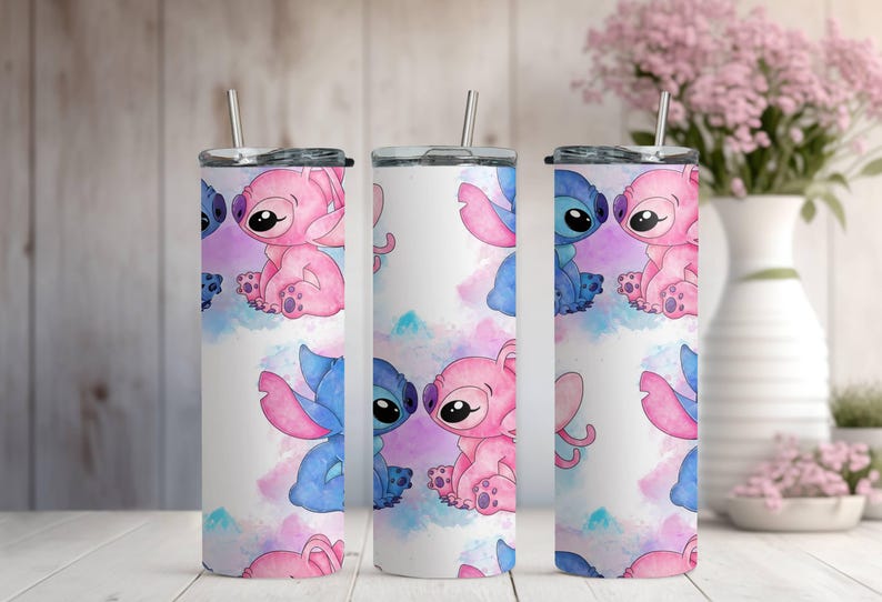 Vaso de Stitch y Ángel, vaso de Stitch de Disney, vaso estrecho con pajita y tapa, vaso de acero de 20 oz, regalo de Navidad, regalo para los amantes de Stitch imagen 6