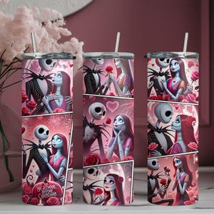 Vaso de Jack y Sally, vaso de película de terror, vaso de terror para San Valentín, regalo para San Valentín, vaso para el día de San Valentín, vaso de regalo para San Valentín imagen 2