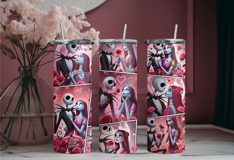 Vaso de Jack y Sally, vaso de película de terror, vaso de terror para San Valentín, regalo para San Valentín, vaso para el día de San Valentín, vaso de regalo para San Valentín imagen 2