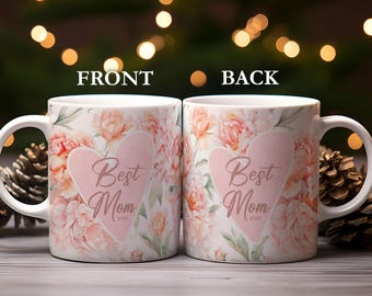 Taza "La mejor mamá del mundo" con corazón floral, diseño estético para el Día de la Madre, taza con flores, tazas de café de cerámica de 355 ml, taza con rosas rosadas, taza elegante