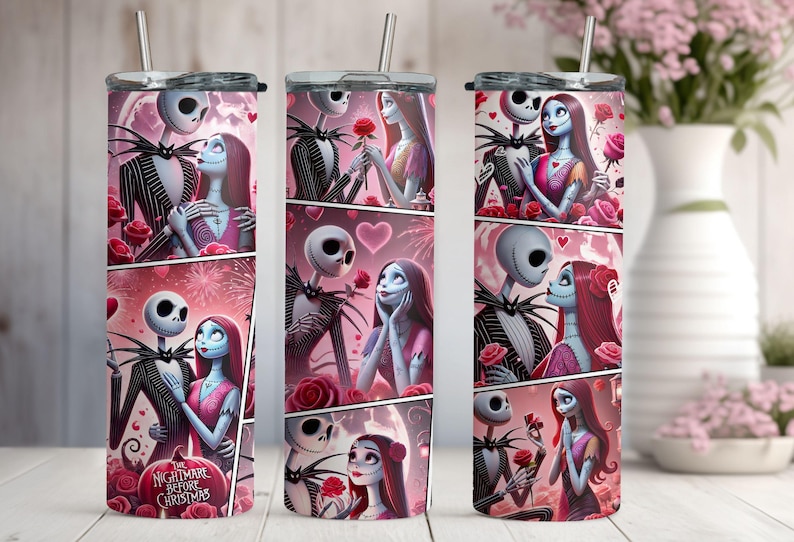 Vaso de Jack y Sally, vaso de película de terror, vaso de terror para San Valentín, regalo para San Valentín, vaso para el día de San Valentín, vaso de regalo para San Valentín imagen 3