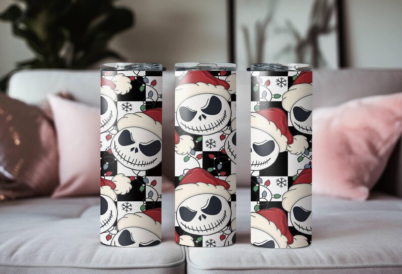 Santa Jack Skinny Tumbler, Jack Skellington Tumbler, Stainless Steel Skinny Tumbler Cup with Straw & Lid, 20oz Christmas Sublimated Tumbler image 6