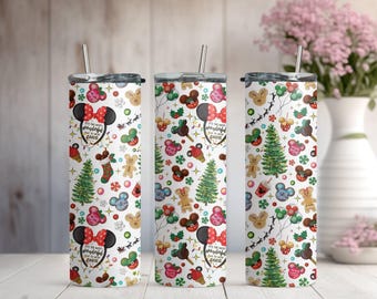 Disney Christmas Tumbler, Minnie Mouse Tumbler, Skinny Tumbler Cup with Straw & Lid, 20oz Steel Tumbler, Mickey Ears Tumbler, Christmas Gift