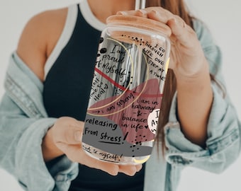 Motivational Affirmations Glass Tumbler, Daily Reminders Glass Can, Self Love Frosted Glass Tumbler, 16oz Glass Cup with Straw & Lid