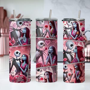 Vaso de Jack y Sally, vaso de película de terror, vaso de terror para San Valentín, regalo para San Valentín, vaso para el día de San Valentín, vaso de regalo para San Valentín imagen 4