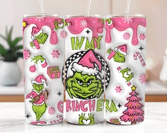 In My Grinch Era Tumbler, Pinky Grinch Tumbler, Stainless Steel Tumbler Cup with Straw & Lid, 20oz Xmas Tumbler, Grinch Sublimated Tumbler