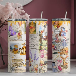 May include: Three stainless steel tumblers with lids and straws, featuring a collage of Winnie the Pooh characters and scenes. The design includes illustrations, text, and a yellow honey-like drip effect at the top.