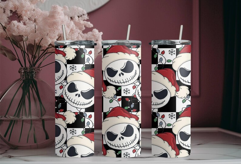 Santa Jack Skinny Tumbler, Jack Skellington Tumbler, Stainless Steel Skinny Tumbler Cup with Straw & Lid, 20oz Christmas Sublimated Tumbler image 3