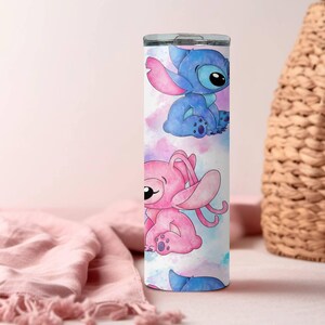 Vaso de Stitch y Ángel, vaso de Stitch de Disney, vaso estrecho con pajita y tapa, vaso de acero de 20 oz, regalo de Navidad, regalo para los amantes de Stitch imagen 9