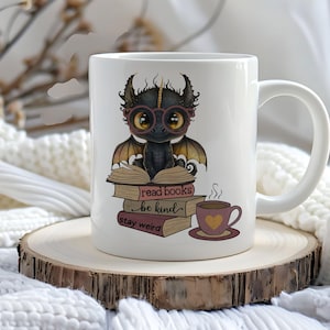 Dragon Book Mug, Fantasy Coffee Mug, Book Lover Gift, Stay Weird Mug, Read Books Mug, Bibliophile Gift, Bookworm Gift İdea, Cute Dragon Mug image 1