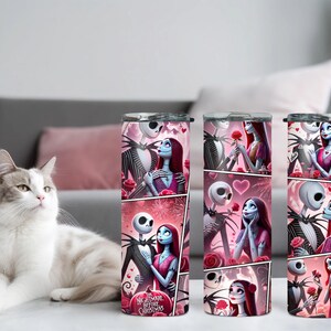 Vaso de Jack y Sally, vaso de película de terror, vaso de terror para San Valentín, regalo para San Valentín, vaso para el día de San Valentín, vaso de regalo para San Valentín imagen 5