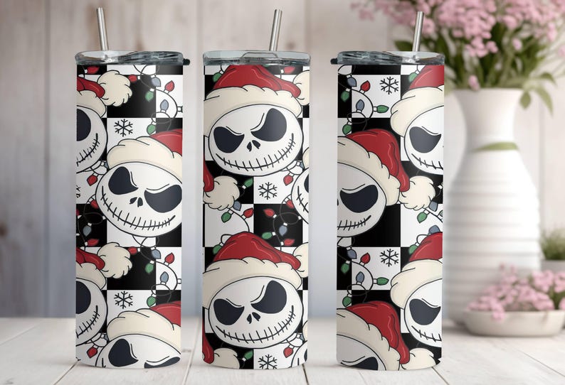 Santa Jack Skinny Tumbler, Jack Skellington Tumbler, Stainless Steel Skinny Tumbler Cup with Straw & Lid, 20oz Christmas Sublimated Tumbler image 4