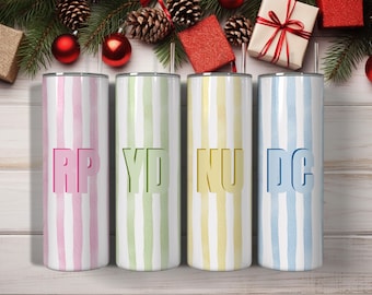 Personalized Initial Striped Tumbler, Pastel Shadow Monogram Design, Minimal Block Letters Style, Insulated Travel  Coffee Cup With Straw