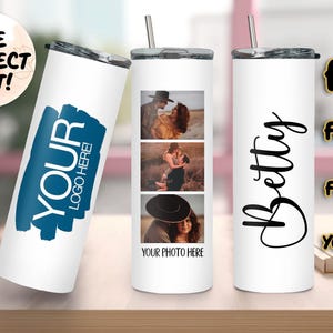 May include: White personalized tumbler with a silver lid and straw. One tumbler features a blue logo area, another displays three photos, and the third has the name "Betty". Text on the tumbler includes "Your Photo Here" and "For Family, Friends, Yourself."