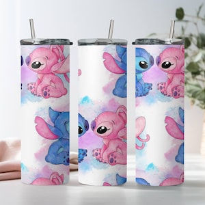 Vaso de Stitch y Ángel, vaso de Stitch de Disney, vaso estrecho con pajita y tapa, vaso de acero de 20 oz, regalo de Navidad, regalo para los amantes de Stitch imagen 4