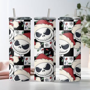 Santa Jack Skinny Tumbler, Jack Skellington Tumbler, Stainless Steel Skinny Tumbler Cup with Straw & Lid, 20oz Christmas Sublimated Tumbler image 2