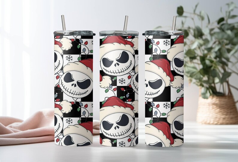Santa Jack Skinny Tumbler, Jack Skellington Tumbler, Stainless Steel Skinny Tumbler Cup with Straw & Lid, 20oz Christmas Sublimated Tumbler image 2