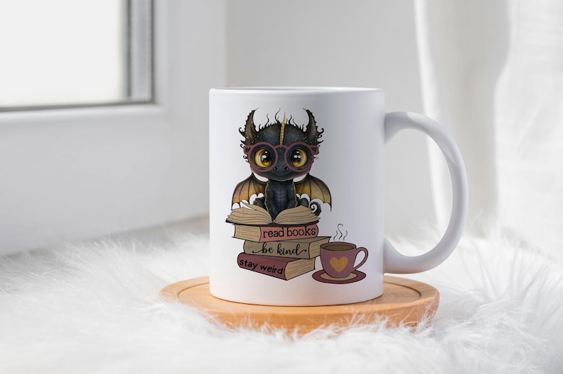 Dragon Book Mug, Fantasy Coffee Mug, Book Lover Gift, Stay Weird Mug, Read Books Mug, Bibliophile Gift, Bookworm Gift İdea, Cute Dragon Mug image 2
