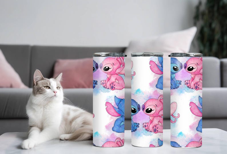 Vaso de Stitch y Ángel, vaso de Stitch de Disney, vaso estrecho con pajita y tapa, vaso de acero de 20 oz, regalo de Navidad, regalo para los amantes de Stitch imagen 5