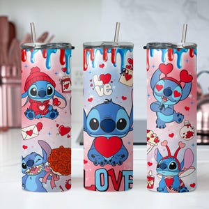 Lover Stitch Tumbler, Disney Valentines Day Tumbler, Skinny Tumbler Cup with Straw & Lid, Cupid Stitch Tumbler, Valentines Day Gift Tumbler image 1