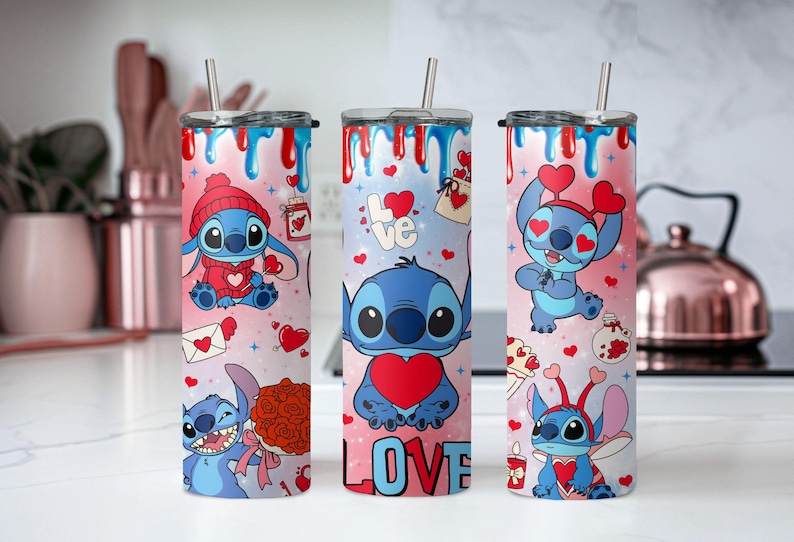 Lover Stitch Tumbler, Disney Valentines Day Tumbler, Skinny Tumbler Cup with Straw & Lid, Cupid Stitch Tumbler, Valentines Day Gift Tumbler image 1
