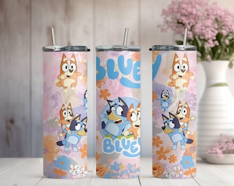 Floral Bluey Tumbler, Skinny Tumbler Cup with Straw & Lid, 20oz Stainless Steel Tumbler, Bluey Keepsake, Bluey and Bingo Sublimated Tumbler
