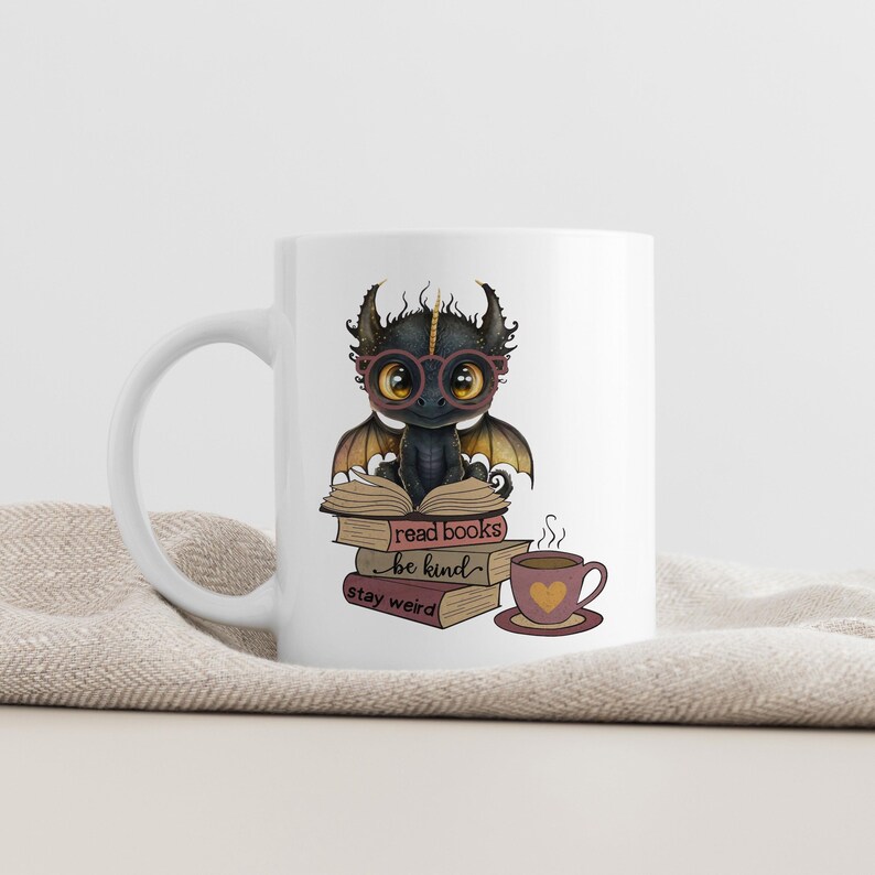 Dragon Book Mug, Fantasy Coffee Mug, Book Lover Gift, Stay Weird Mug, Read Books Mug, Bibliophile Gift, Bookworm Gift İdea, Cute Dragon Mug image 5