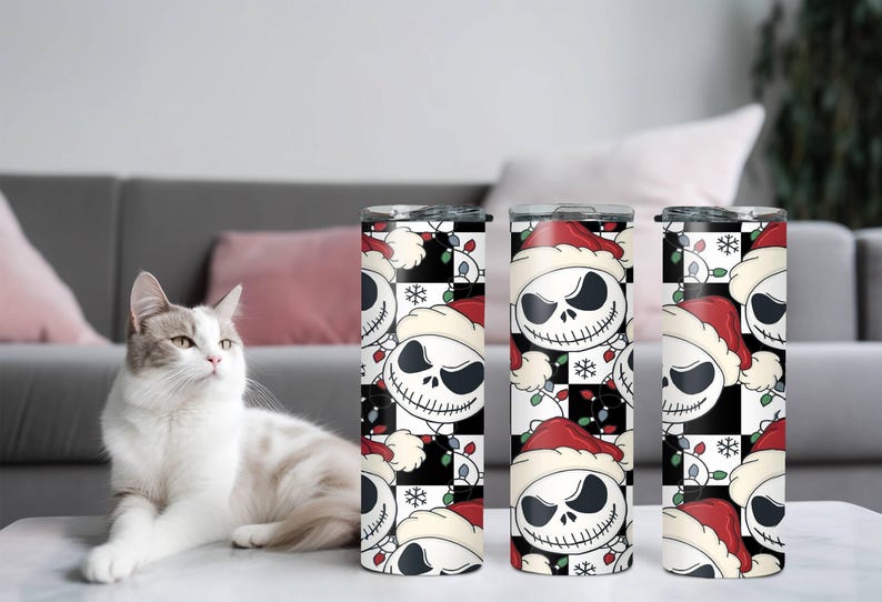 Santa Jack Skinny Tumbler, Jack Skellington Tumbler, Stainless Steel Skinny Tumbler Cup with Straw & Lid, 20oz Christmas Sublimated Tumbler image 5